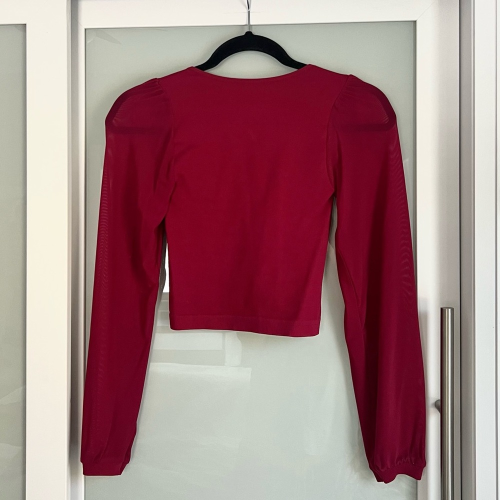 134 - Sugar Rain Women’s Scoop Neck Sheer Sleeves Cropped Long-Sleeve Top - Picture 4 of 4